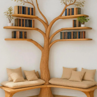 Rustic Tree Bookshelf with Corner Bench