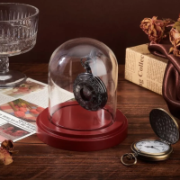 3 x 4 inch Pocket Watch Display Case Glass Watch Dome Cloche with Metal Hook Watch Display Jar with Wood Base Glass Display Dome