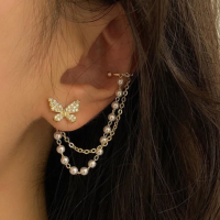 Ladies Fashion Rhinestone Butterfly Chain Earrings Punk Personality All-match Exquisite Asymmetrical Ear Clip